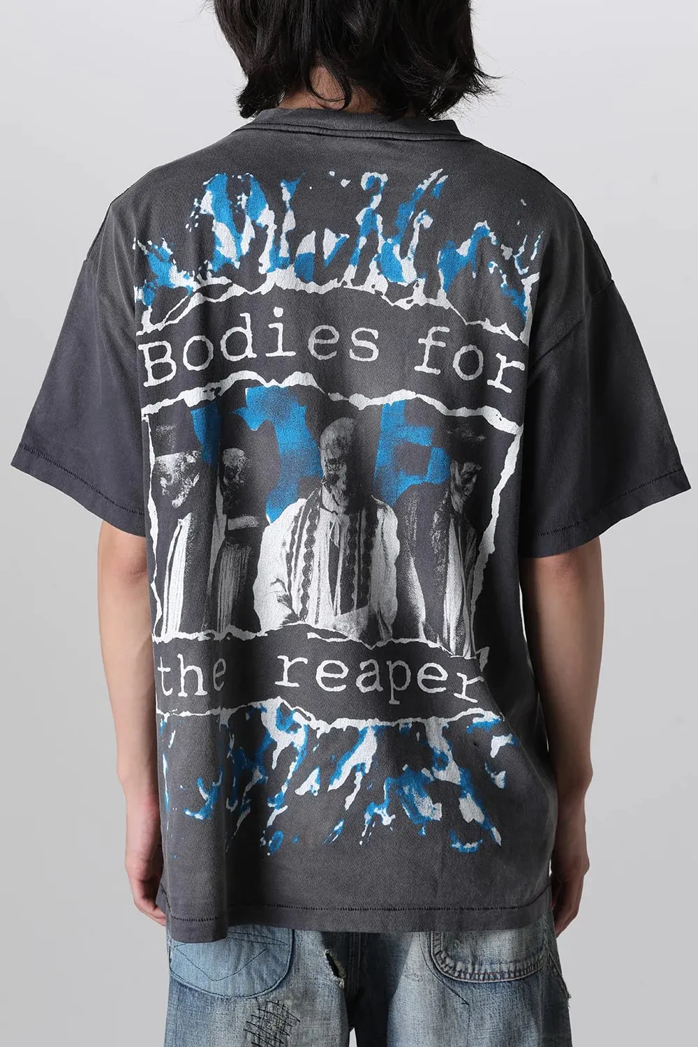 SAINT MICHAEL SS TEE/B FOR REAPER Jesus Hell's Angels Washed and Distressed Short Sleeves Washed Black S-XL Garment Dyed Printed Washed and Distressed